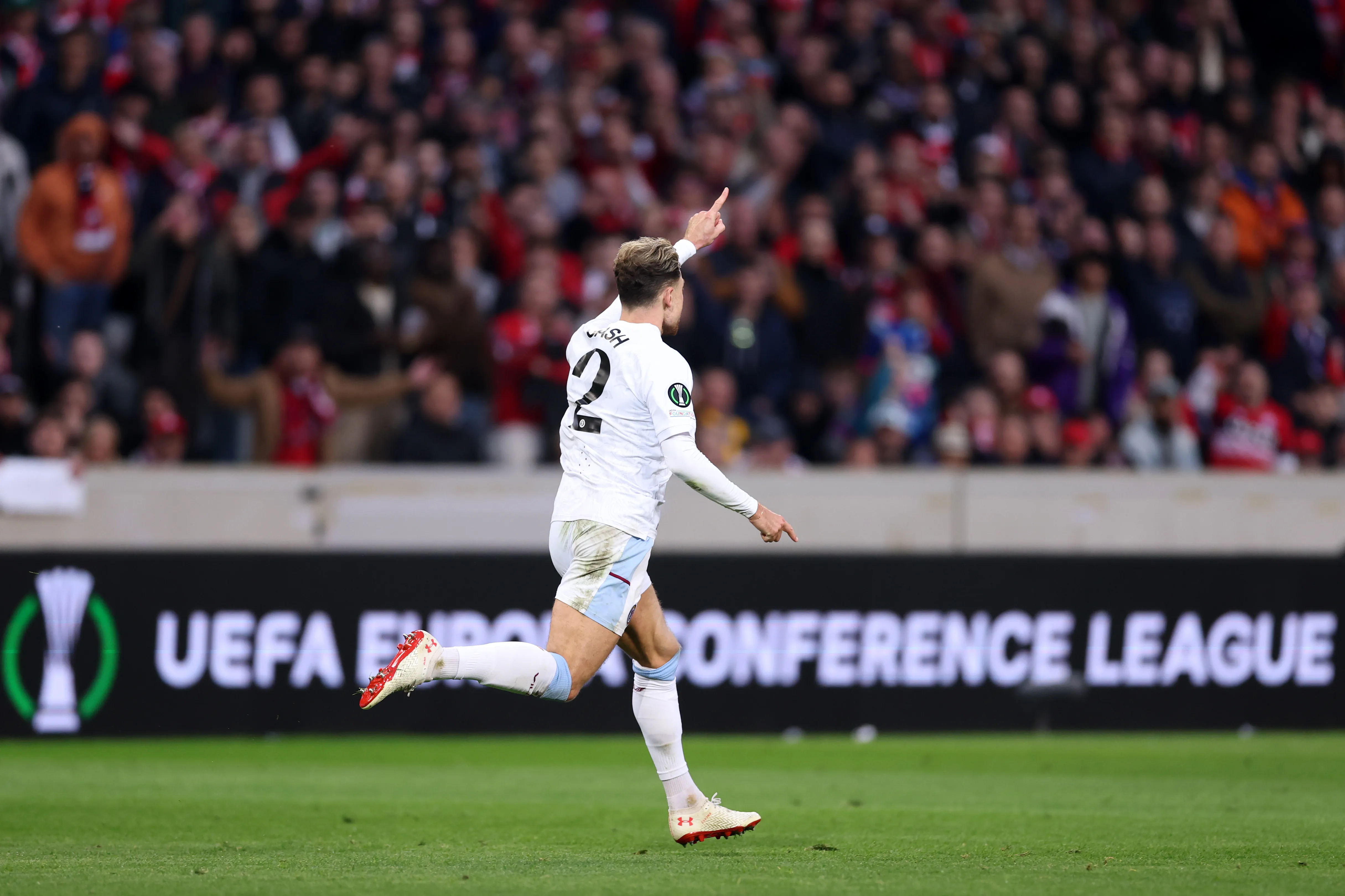 LILLE, FRANCE – APRIL 18: Matty Cash of Aston Villa celebrates scoring his team’s first goal during the UEFA Europa Conference League 2023/24 Quarter-final second leg match between Lille OSC and Aston Villa at Stade Pierre-Mauroy on April 18, 2024 in Lille, France. (Photo by Alex Pantling/Getty Images)