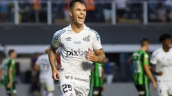 Zanocelo, jogador do Santos, comemora seu gol durante partida no estadio Vila Belmiro pelo campeonato Brasileiro A 2022. Foto: Fernanda Luz/AGIF
