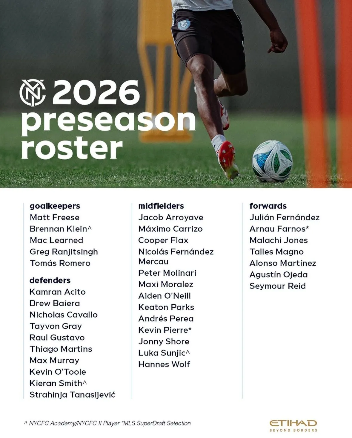 Lista da equipe do New York City que participará da pré-temporada do clube em 2026
