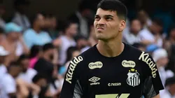 Gabriel Brazão, goleiro do Santos, durante partida contra o Cruzeiro no estadio Vila Belmiro pelo campeonato Brasileiro A 2025. Foto: Jota Erre/AGIF
