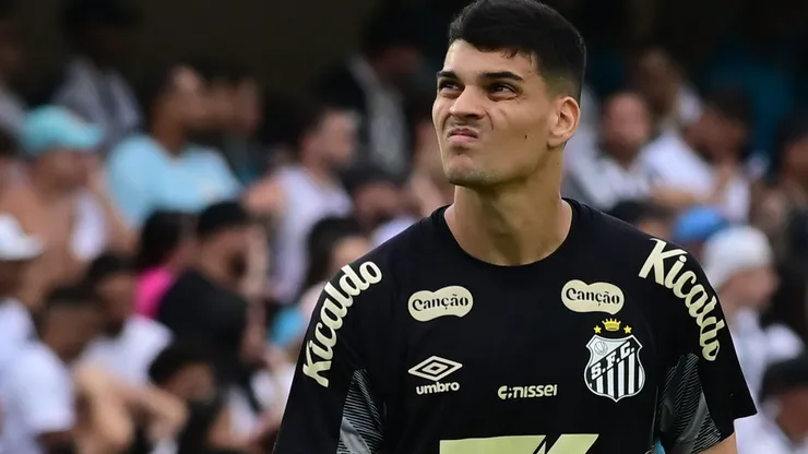 Gabriel Brazão, goleiro do Santos, durante partida contra o Cruzeiro no estadio Vila Belmiro pelo campeonato Brasileiro A 2025. Foto: Jota Erre/AGIF