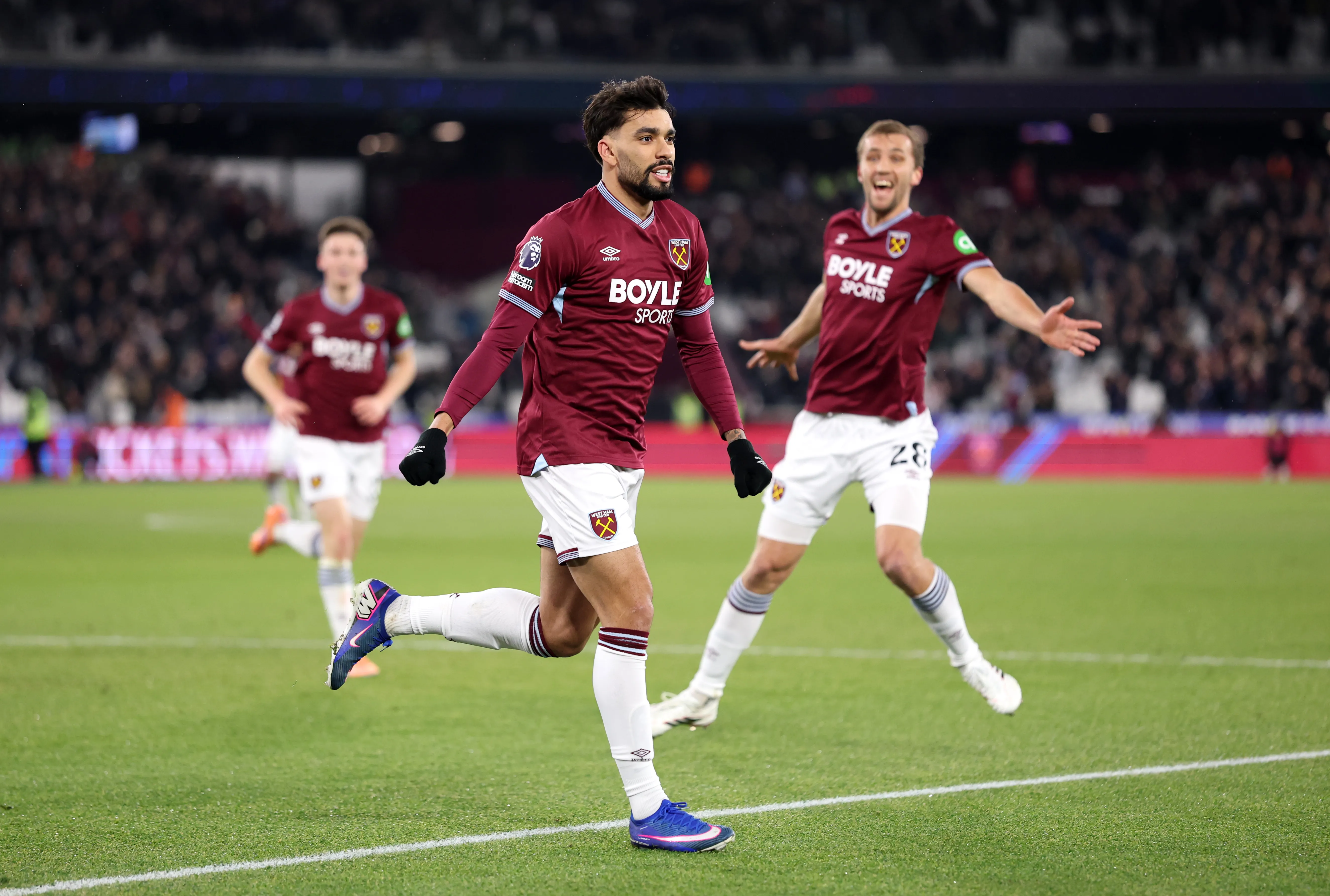LONDON, ENGLAND – JANUARY 06: Lucas Paqueta of West Ham United celebrates his team’s first goal, an own goal scored by Murillo of Nottingham Forest (Not Pictured) during the Premier League match between West Ham United and Nottingham Forest at London Stadium on January 06, 2026 in London, England. (Photo by Julian Finney/Getty Images)