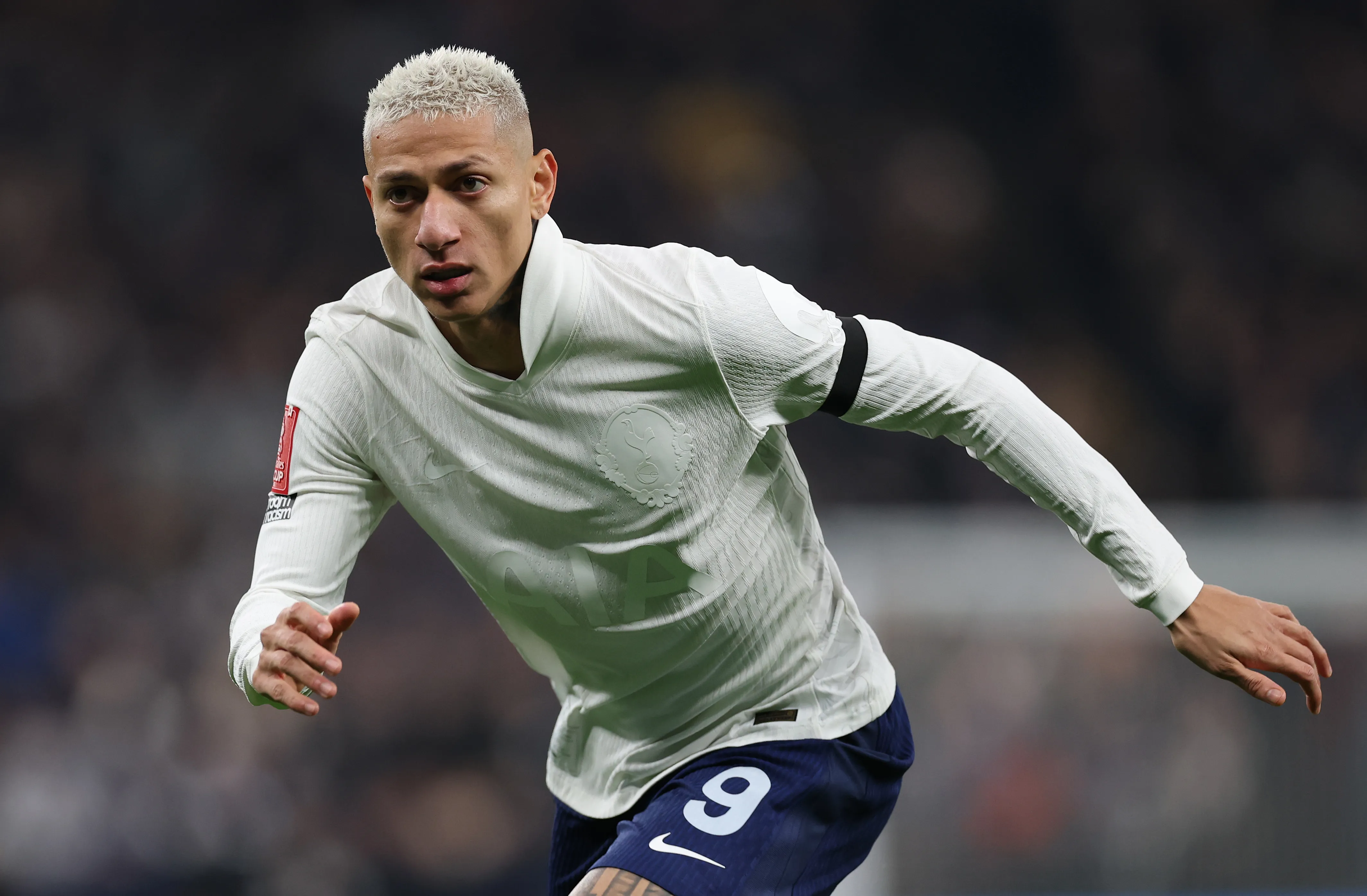 LONDON, ENGLAND – JANUARY 10: Richarlison of Tottenham Hotspur reacts during the Emirates FA Cup Third Round match between Tottenham Hotspur and Aston Villa on January 10, 2026 in London, England. (Photo by Ryan Pierse/Getty Images)