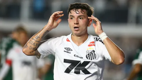 SP – SANTOS – 15/11/2025 – BRASILEIRO A 2025, SANTOS X PALMEIRAS – Alvaro Barreal jogador do Santos lamenta durante partida contra o Palmeiras no estadio Vila Belmiro pelo campeonato Brasileiro A 2025. Foto: Mauricio De Souza/AGIF
