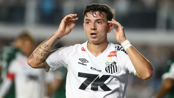 SP - SANTOS - 15/11/2025 - BRASILEIRO A 2025, SANTOS X PALMEIRAS - Alvaro Barreal jogador do Santos lamenta durante partida contra o Palmeiras no estadio Vila Belmiro pelo campeonato Brasileiro A 2025. Foto: Mauricio De Souza/AGIF