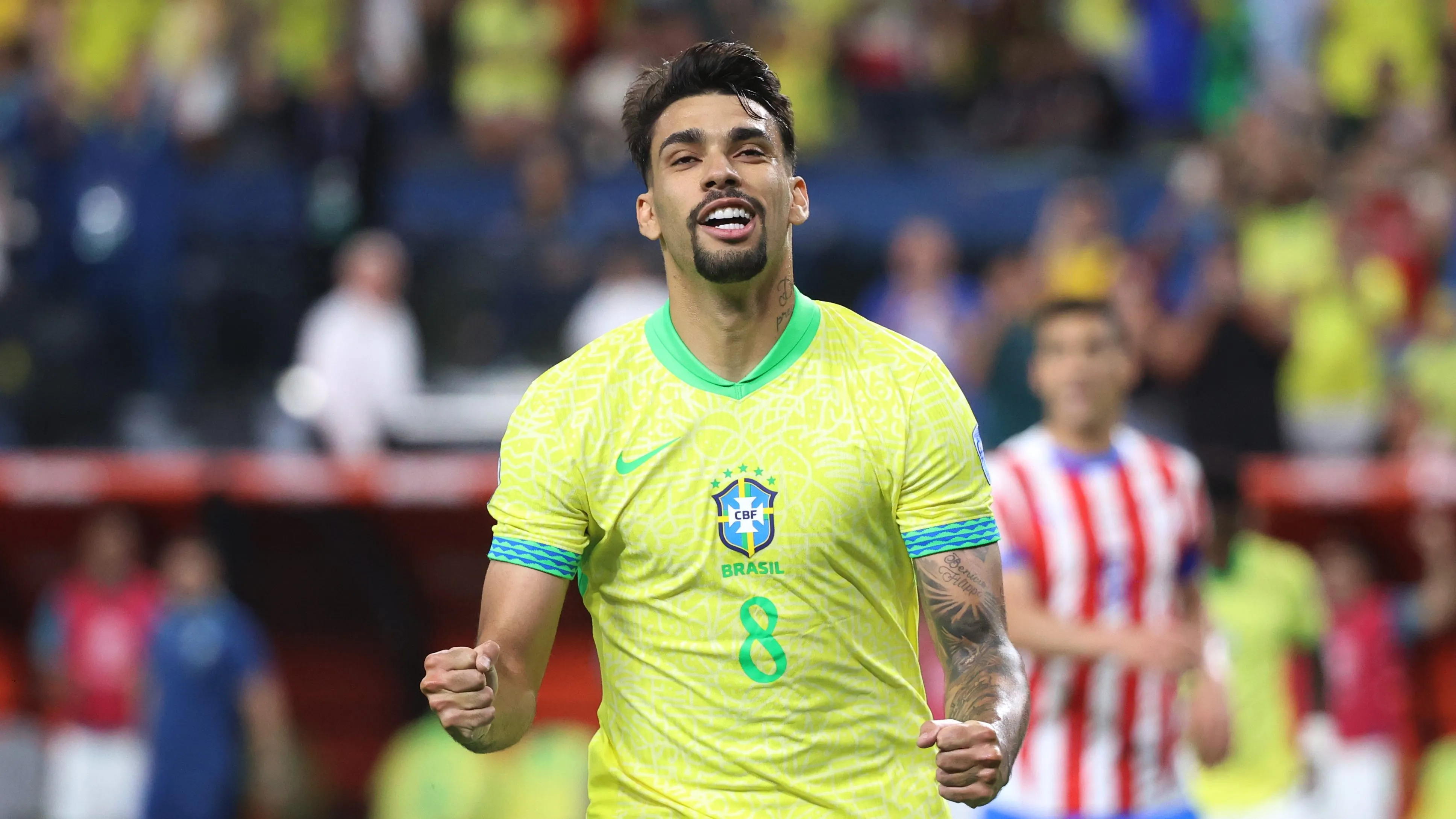 LAS VEGAS, NEVADA – JUNE 28: Lucas Paqueta of Brazil celebrates after scoring the team’s fourth goal via penalty during the CONMEBOL Copa America 2024 Group D match between Paraguay and Brazil at Allegiant Stadium on June 28, 2024 in Las Vegas, Nevada. (Photo by Ian Maule/Getty Images)