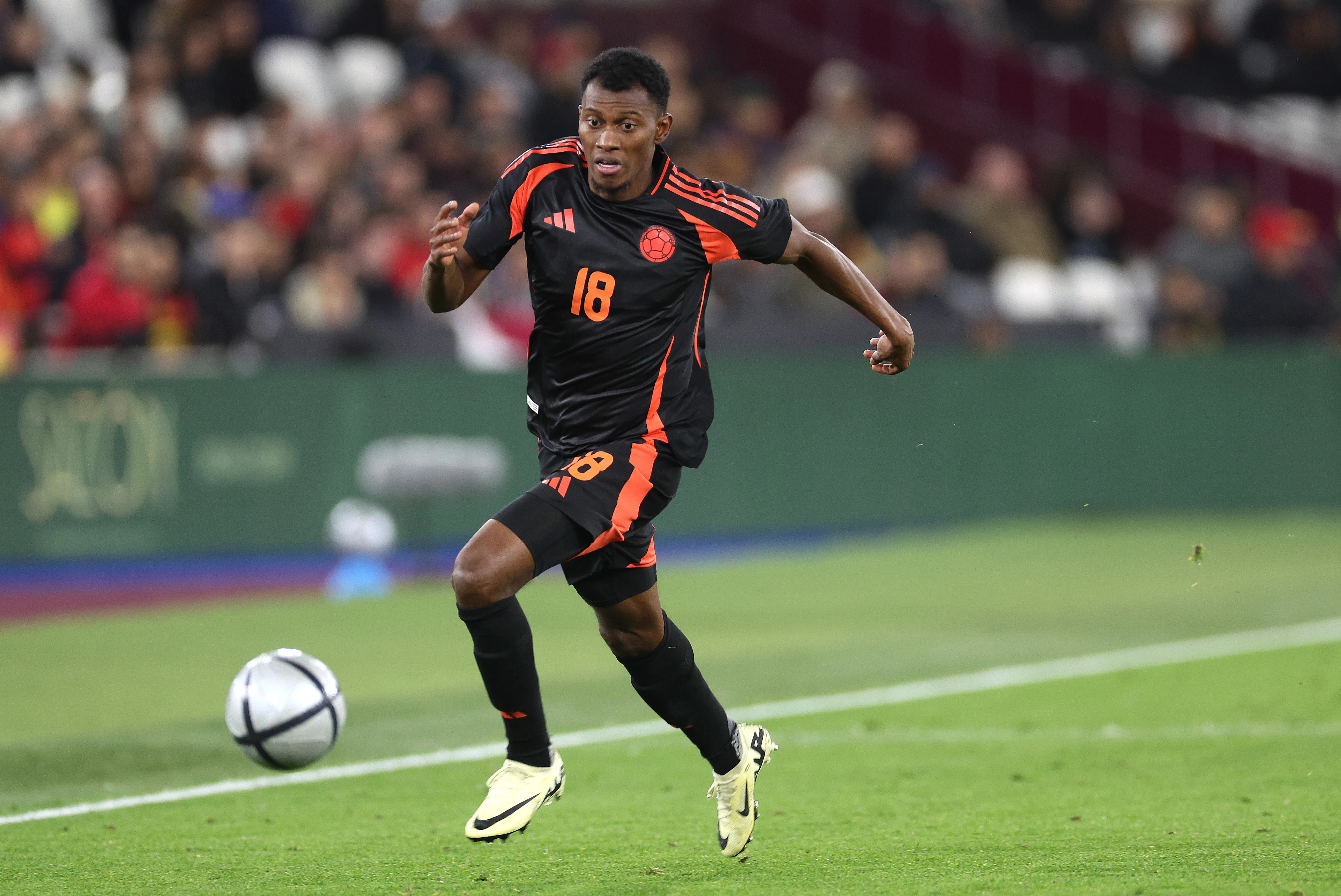 LONDON, ENGLAND – MARCH 22: Mateo Cassierra of Columbia runs with the ball during the international friendly match between Spain and Colombia at London Stadium on March 22, 2024 in London, England. (Photo by Warren Little/Getty Images)