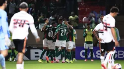 Jogadores do Palmeiras comemora seu gol durante partida contra o São Paulo. Foto: Ettore Chiereguini/AGIF