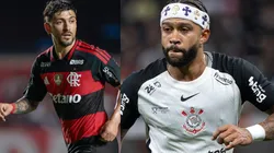 Arrascaeta e Memphis Depay vão se enfrentar neste domingo (1º) - Fotos: Marcello Zambrana/AGIF e Joisel Amaral/AGIF