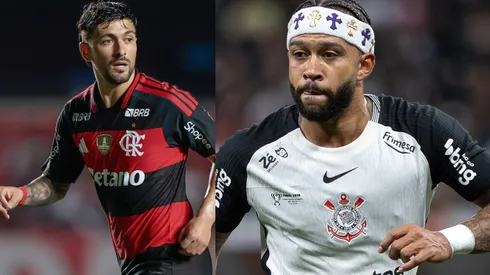 Arrascaeta e Memphis Depay vão se enfrentar neste domingo (1º) – Fotos: Marcello Zambrana/AGIF e Joisel Amaral/AGIF