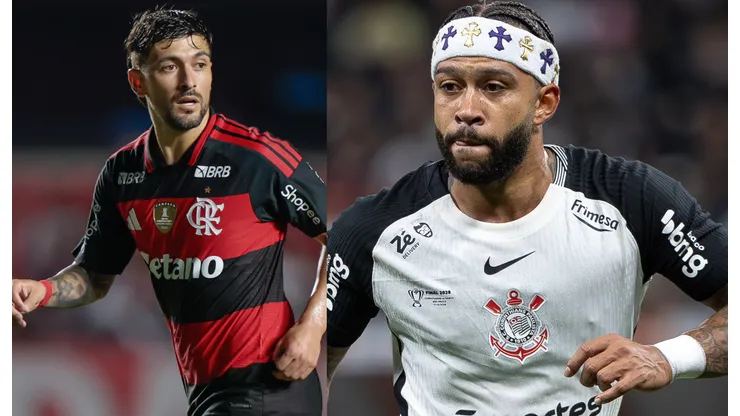 Arrascaeta e Memphis Depay vão se enfrentar neste domingo (1º) - Fotos: Marcello Zambrana/AGIF e Joisel Amaral/AGIF