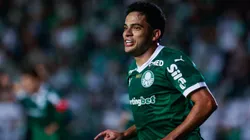 Bruno Rodrigues, jogador do Palmeiras, comemora seu gol durante partida contra o Juventude no estadio Alfredo Jaconi pelo campeonato Brasileiro A 2025. Foto: Luiz Erbes/AGIF