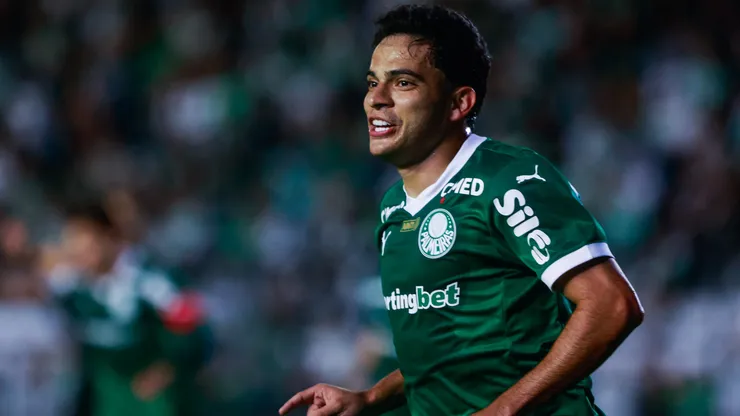 Bruno Rodrigues, jogador do Palmeiras, comemora seu gol durante partida contra o Juventude no estadio Alfredo Jaconi pelo campeonato Brasileiro A 2025. Foto: Luiz Erbes/AGIF