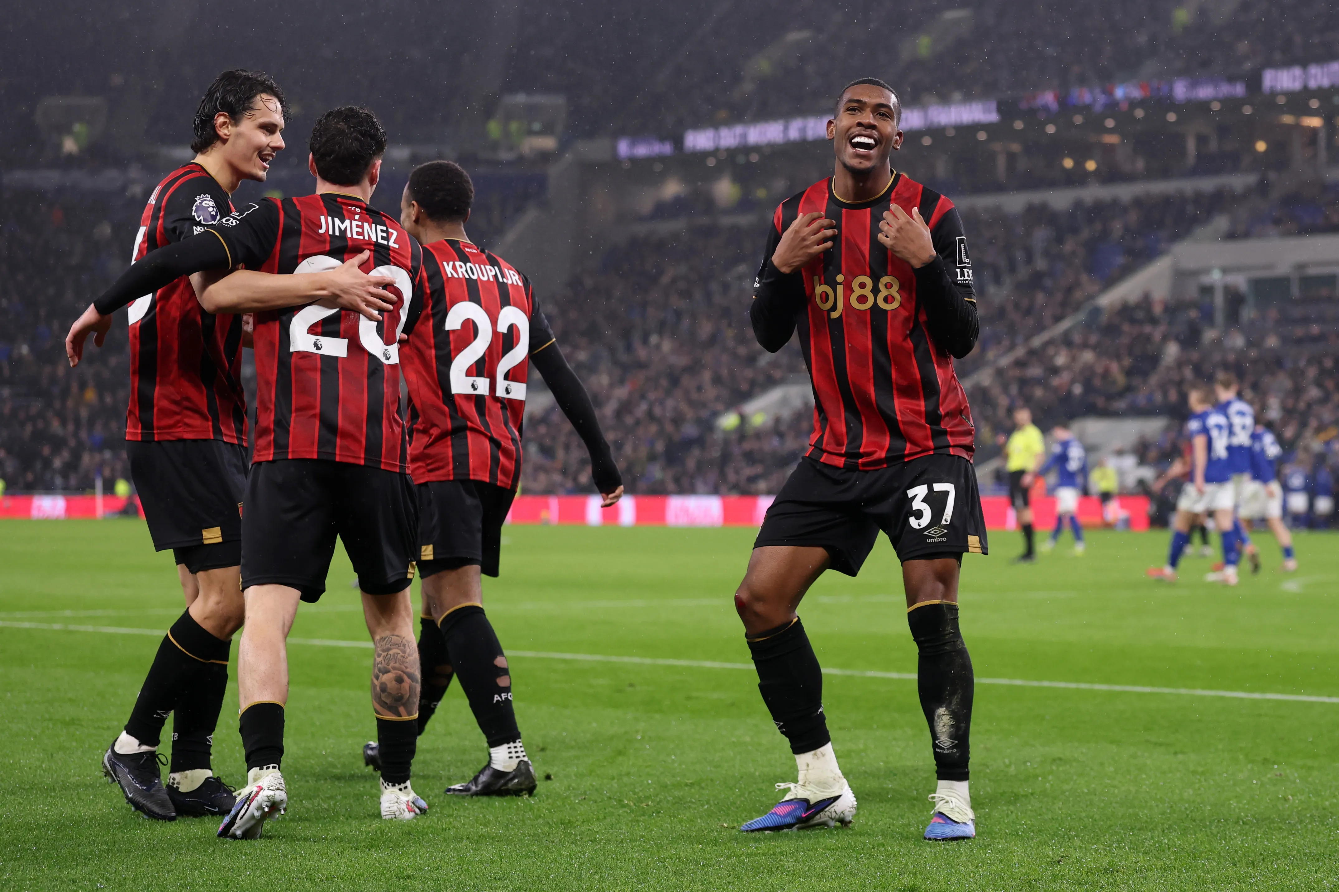 Rayan of AFC Bournemouth celebrates scoring his team’s first goal during the Premier League match between Everton and Bournemouth at Goodison Park on February 10, 2026 in Liverpool, England. (Photo by Carl Recine/Getty Images)