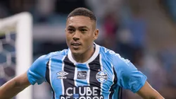 Carlos Vinicius jogador do Gremio comemora seu gol durante partida contra o Novo Hamburgo no estadio Arena do Gremio pelo campeonato Gaucho 2026.