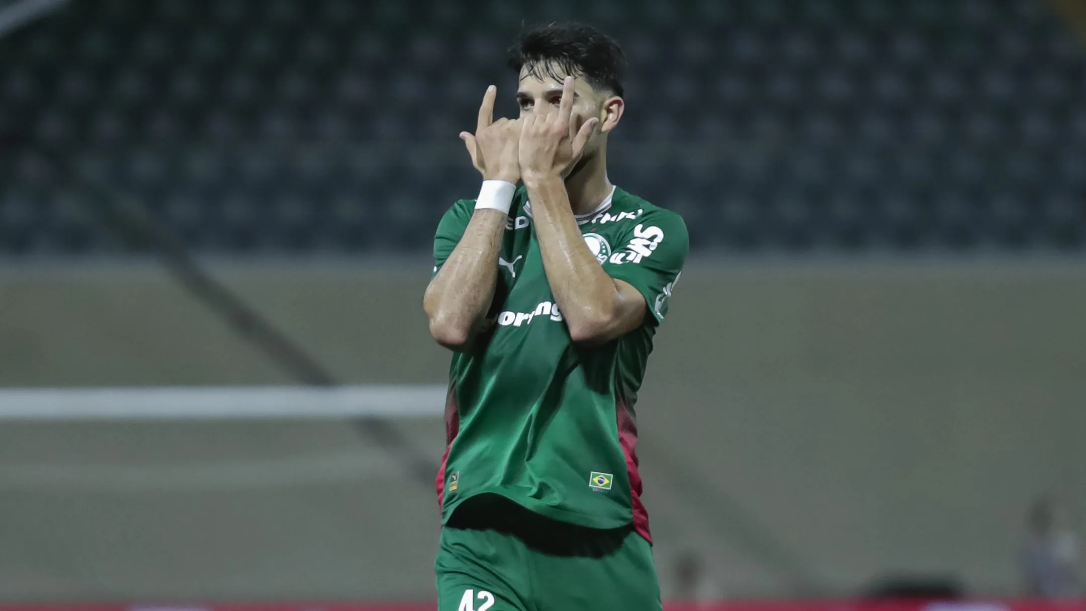 Flaco Lopez jogador do Palmeiras comemora seu gol durante partida contra o Guarani no estadio Arena Barueri pelo campeonato Paulista 2026. Foto: Marco Miatelo/AGIF