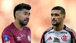 Marcelino Moreno e Arrascaeta se enfrentam em Lanús x Flamengo. Fotos: Christian Alvarenga/Getty Images e Thiago Ribeiro/AGIF