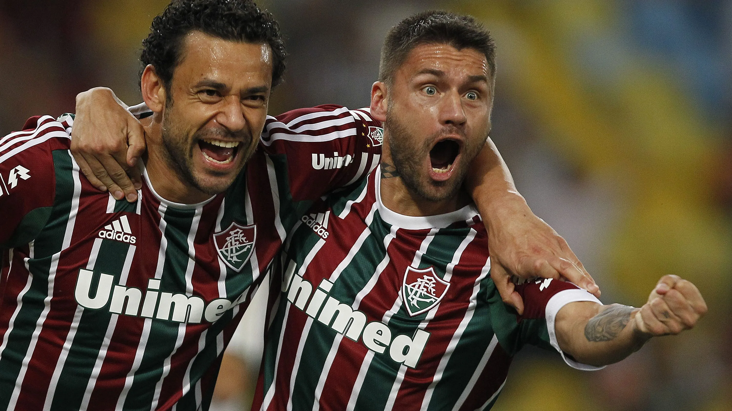 RIO DE JANEIRO – RJ – 13/09/2014 – BRASILEIRO A 2014, FLUMINENSE X PALMEIRAS – Fred do Fluminense comemora seu gol com Rafael Sobis durante partida contra o Palmeiras pelo Campeonato Brasileiro A 2014 no Maracana. Foto: Wagner Meier/AGIF