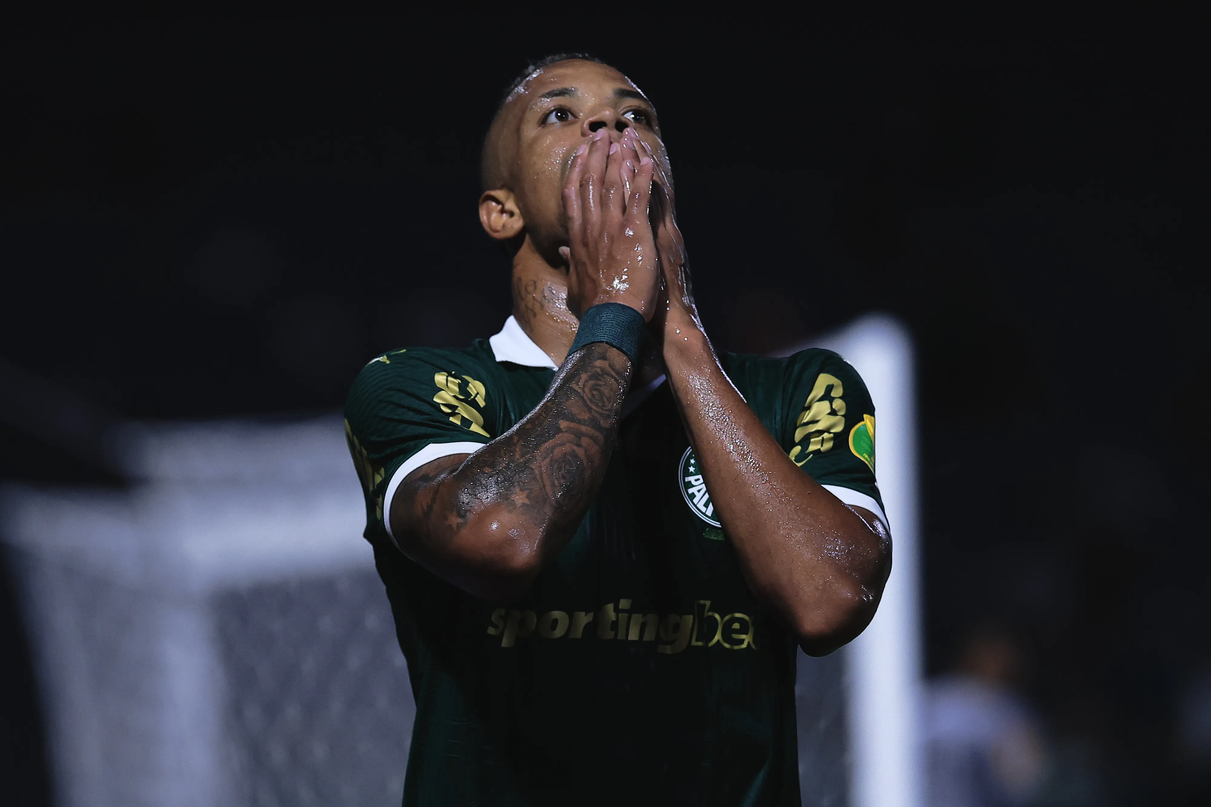 Caio Paulista jogador do Palmeiras lamenta durante partida contra o Novorizontino no estadio Arena Barueri pelo campeonato Paulista 2025. Foto: Ettore Chiereguini/AGIF