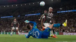 Lucho Acosta, jogador do Fluminense, e Neto goleiro do Botafogo no lance do gol durante partida no estadio Maracana pelo Campeonato Brasileiro A 2026. Foto: Jorge Rodrigues/AGIF