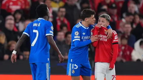 Gianluca Prestianni of Benfica speaks towards Vinicius Junior of Real Madrid during the UEFA Champions League 2025/26 League Knockout Play-off First Leg match between SL Benfica and Real Madrid C.F. at Estadio do SL Benfica on February 17, 2026 in Lisbon, Portugal. (Photo by Angel Martinez/Getty Images)