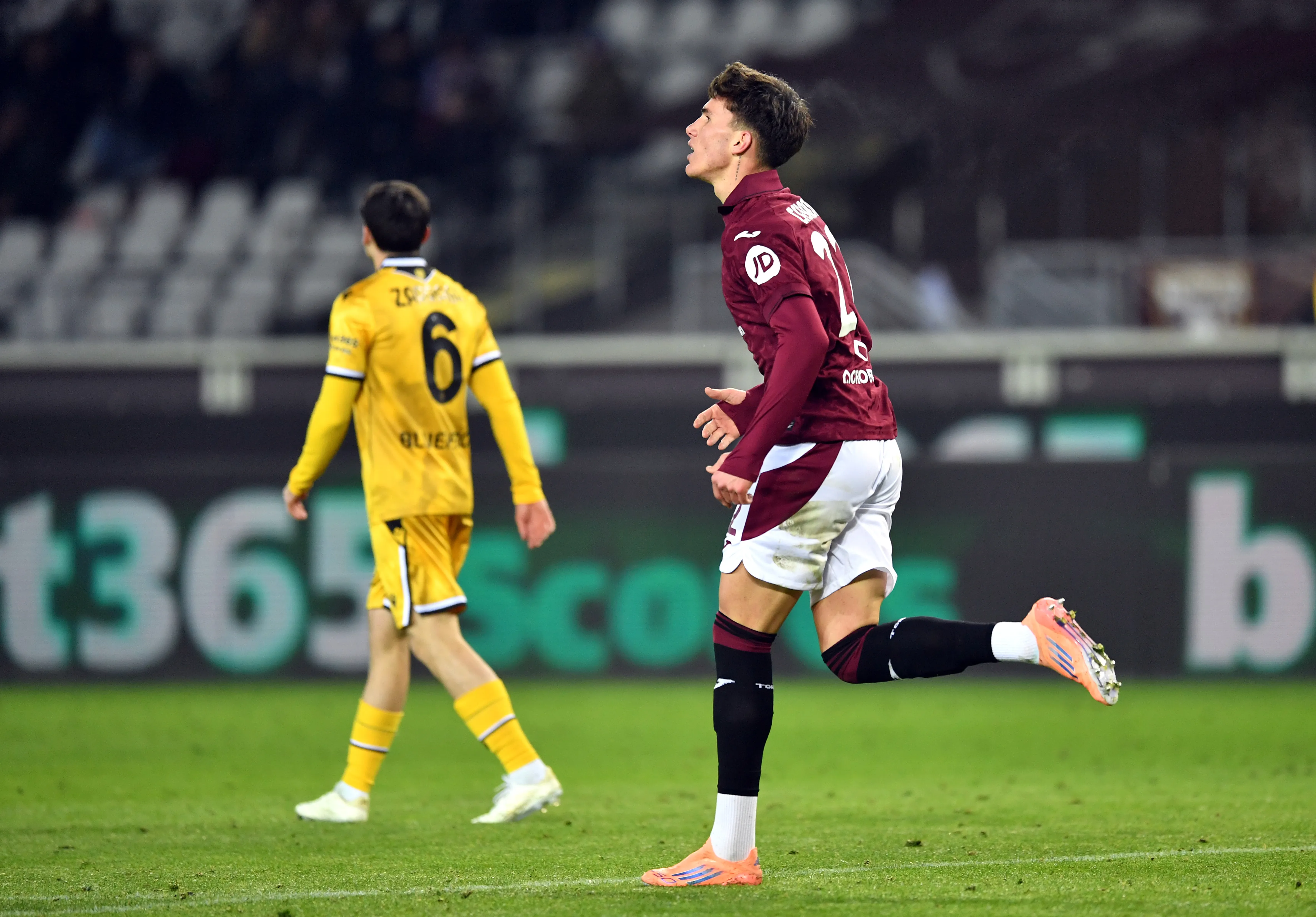 TURIN, ITALY – JANUARY 07: Cesare Casadei of Torino celebrates scoring his team’s first goal during the Serie A match between Torino FC and Udinese Calcio at Stadio Olimpico di Torino on January 07, 2026 in Turin, Italy. (Photo by Valerio Pennicino/Getty Images)