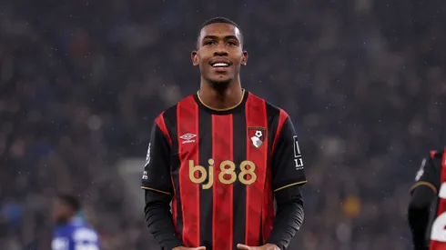 Rayan of AFC Bournemouth celebrates scoring his team's first goal during the Premier League match between Everton and Bournemouth at Goodison Park on February 10, 2026 in Liverpool, England. (Photo by Carl Recine/Getty Images)