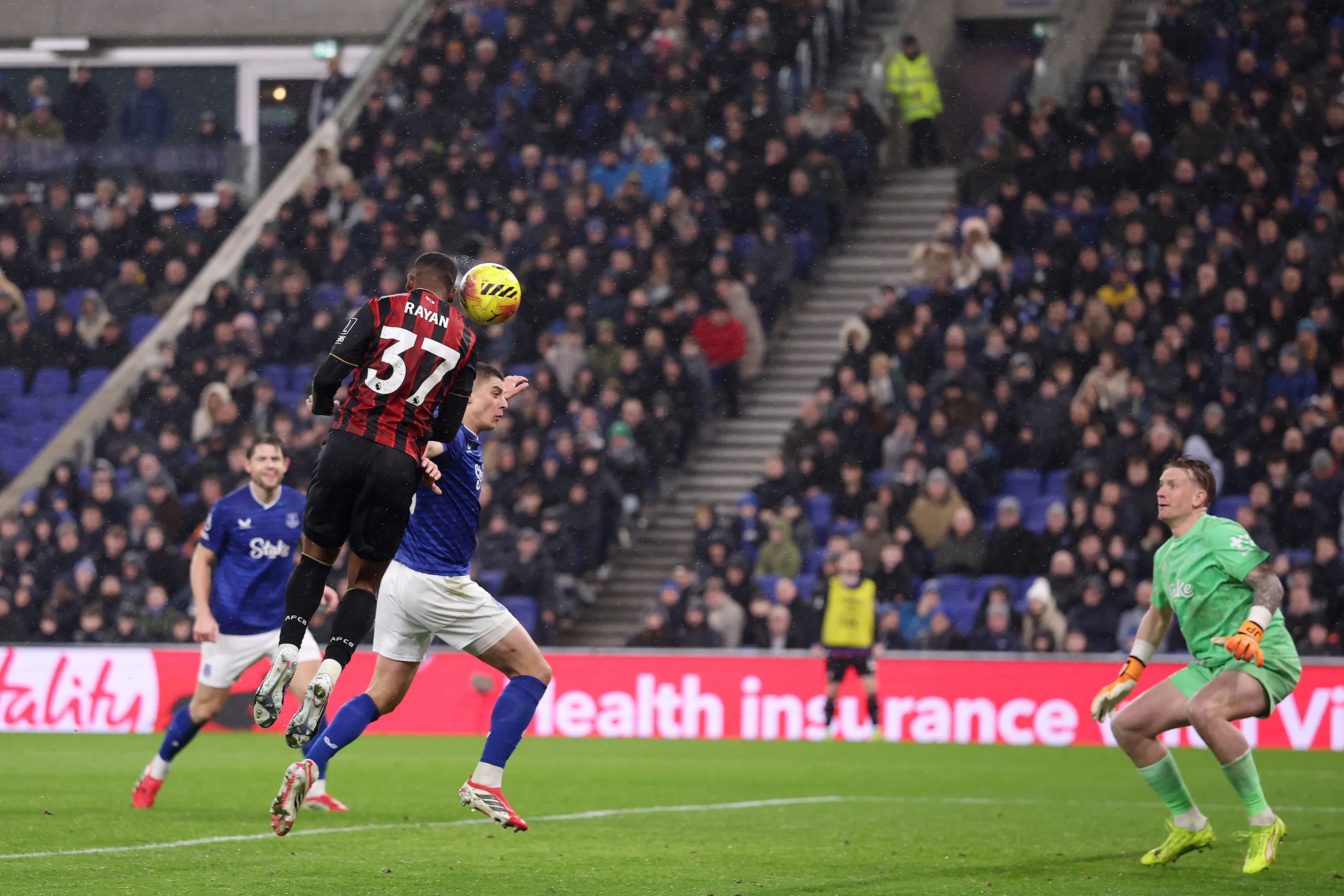 Rayan of AFC Bournemouth scores his team’s first goal during the Premier League match between Everton and Bournemouth at Goodison Park on February 10, 2026 in Liverpool, England. (Photo by Carl Recine/Getty Images)