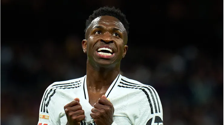 Vinicius Junior of Real Madrid reacts during the LaLiga match between Real Madrid CF and FC Barcelona at Estadio Santiago Bernabeu on October 26, 2024 in Madrid, Spain. (Photo by Angel Martinez/Getty Images)