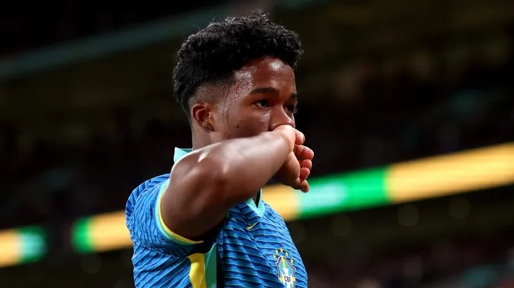 LONDON, ENGLAND - MARCH 23: Endrick of Brazil celebrates scoring his team's first goal during the international friendly match between England and Brazil at Wembley Stadium on March 23, 2024 in London, England. (Photo by Catherine Ivill/Getty Images)