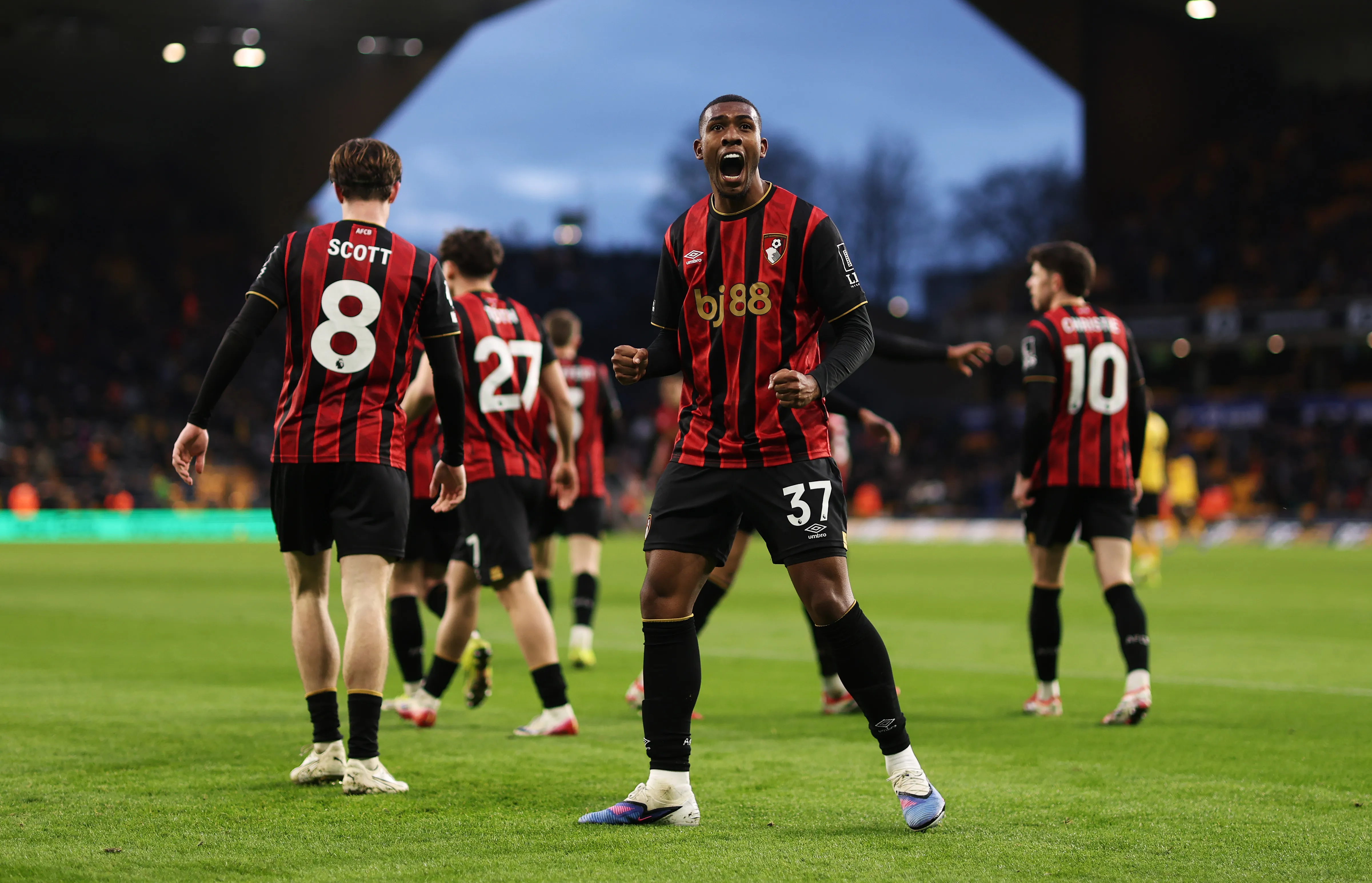 Rayan of AFC Bournemouth celebrates after teammate Alex Scott scores his team’s second goal during the Premier League match between Wolverhampton Wanderers and Bournemouth at Molineux on January 31, 2026 in Wolverhampton, England. (Photo by Jack Thomas/Getty Images)