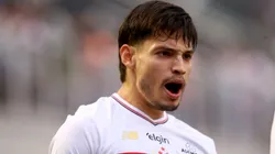 Bobadilla, jogador do São Paulo, comemora seu gol durante partida contra o Juventude no estadio Vila Belmiro pelo campeonato Brasileiro A 2025. Foto: Mauricio De Souza/AGIF