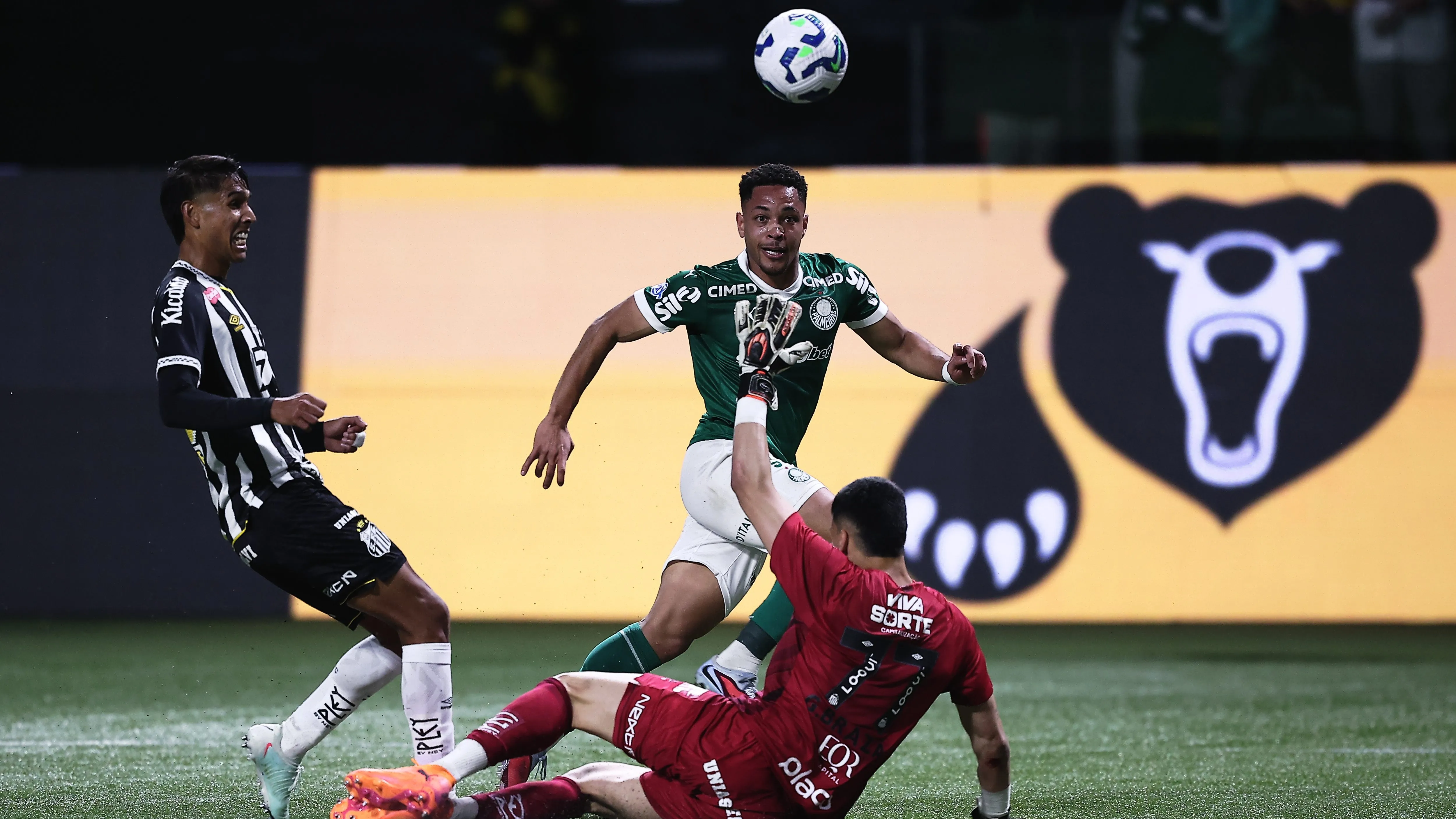 Vitor Roque jogador do Palmeiras comemora seu gol durante partida contra o Santos no estadio Arena Allianz Parque pelo campeonato Brasileiro A 2025. Foto: Ettore Chiereguini/AGIF