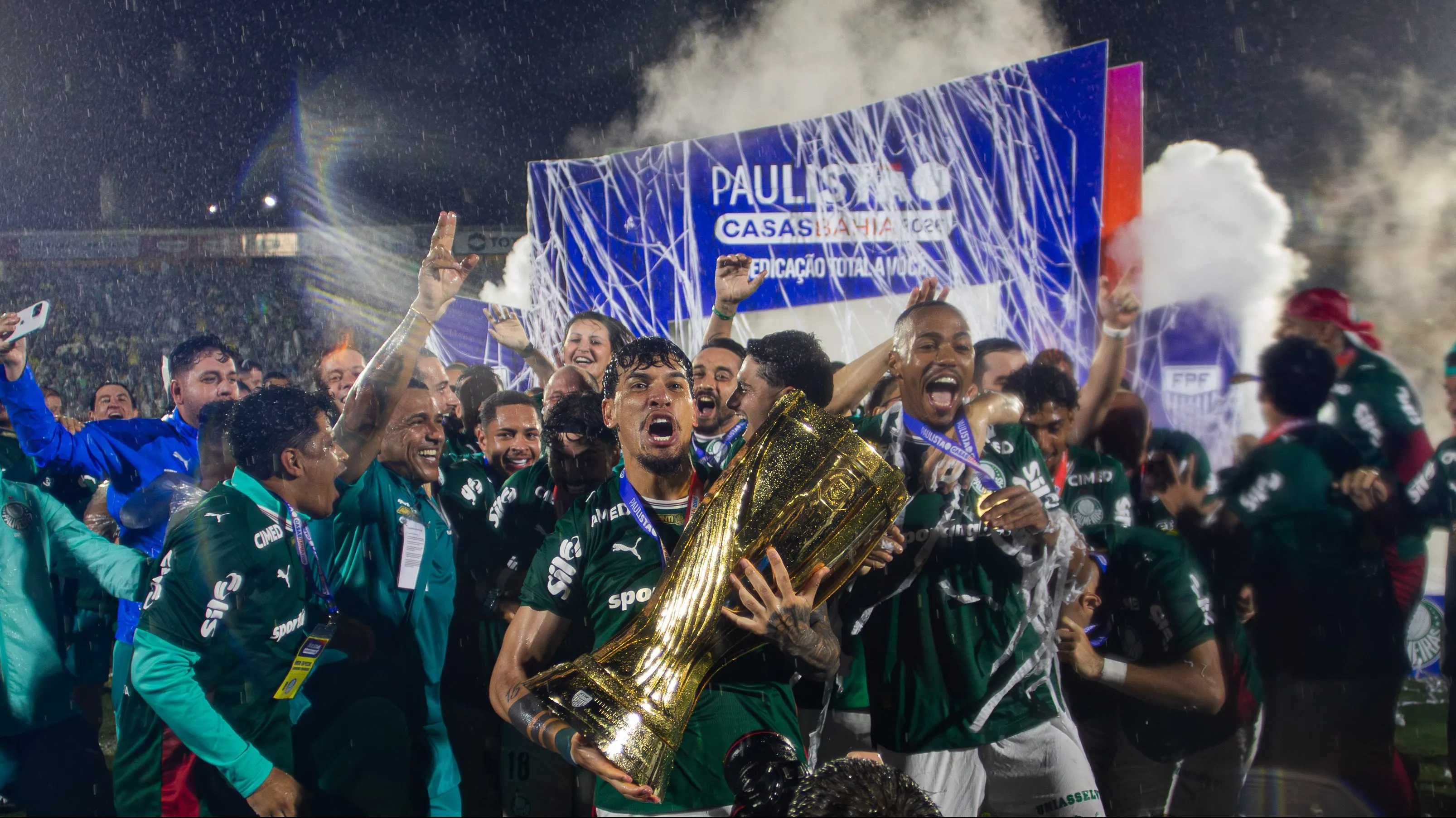 SP – NOVO HORIZONTE – 08/03/2026 – PAULISTA 2026, NOVORIZONTINO X PALMEIRAS – Jogadores do Palmeiras comemoram titulo de campeao apos partida contra o Novorizontino no estadio Jorge Ismael de Biasi pela decisao do campeonato Paulista 2026. Foto: Joisel Amaral/AGIF