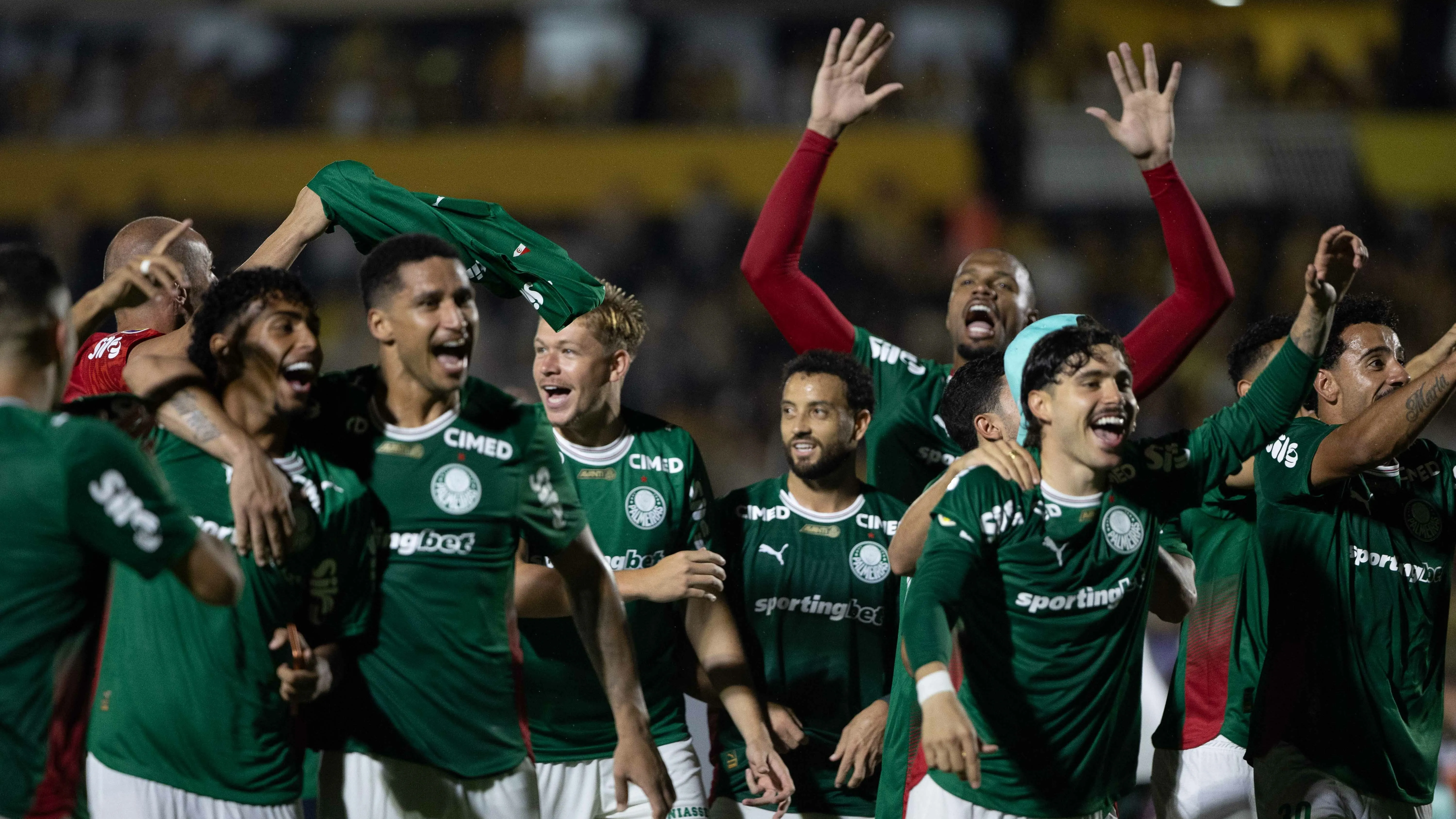 Jogadores do Palmeiras comemoram título contra o Novorizontino no estadio Jorge Ismael de Biasi pelo Paulista 2026. Foto: Joisel Amaral/AGIF
