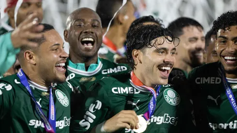 Jogadores do Palmeiras comemoram titulo de campeao apos partida contra o Novorizontino no estadio Jorge Ismael de Biasi pela decisao do campeonato Paulista 2026. Foto: Joisel Amaral/AGIF