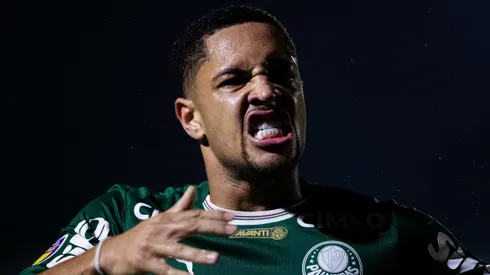 VITOR ROQUE jogador do Palmeiras comemora seu gol durante partida contra o Novorizontino no estadio Jorge Ismael de Biasi pelo campeonato Paulista 2026. Foto: Joisel Amaral/AGIF
