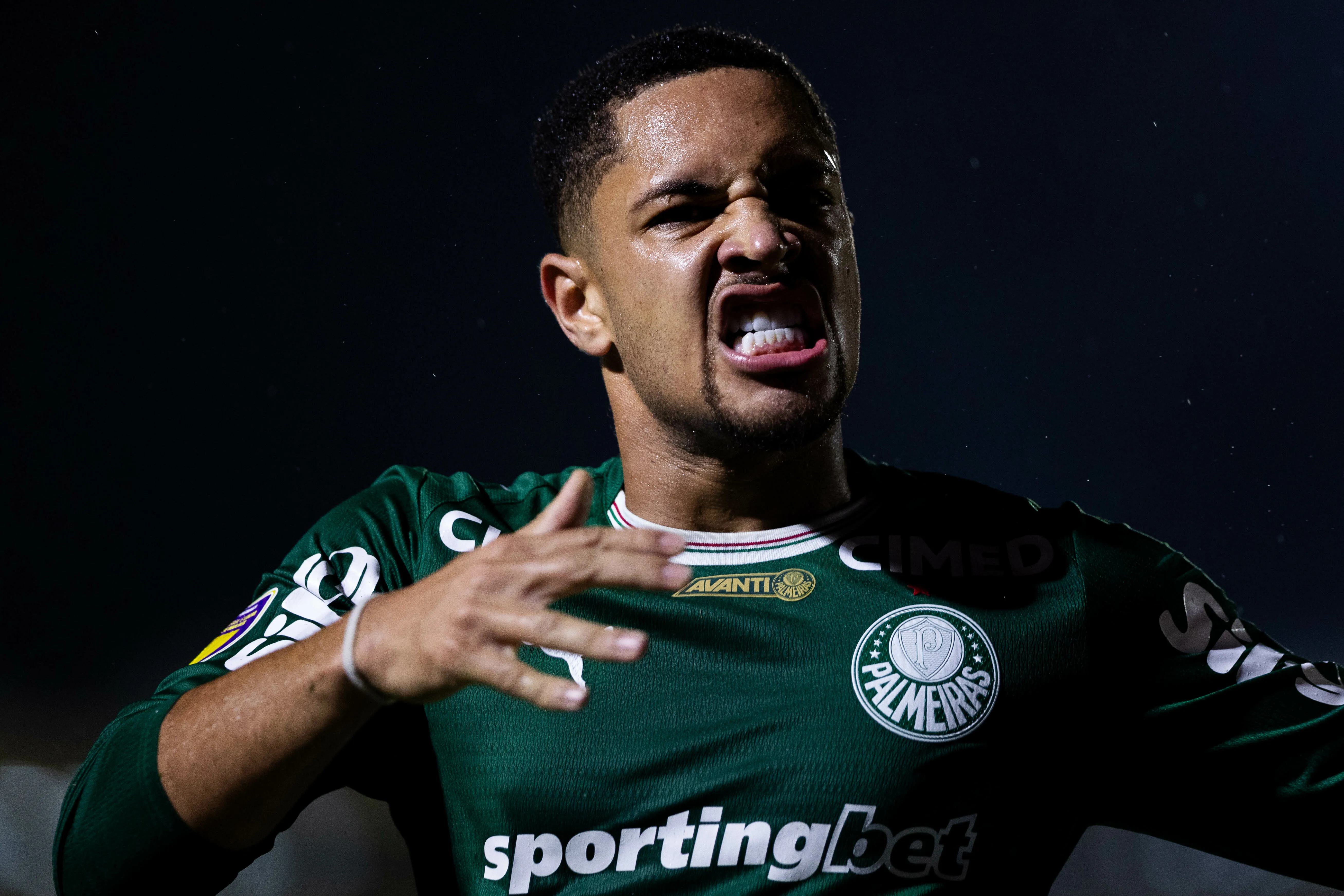 VITOR ROQUE jogador do Palmeiras comemora seu gol durante partida contra o Novorizontino no estadio Jorge Ismael de Biasi pelo campeonato Paulista 2026. Foto: Joisel Amaral/AGIF