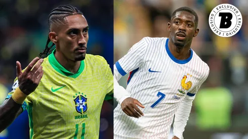 Raphinha e Dembélé vão se enfrentar no amistoso - Fotos: Fabio Giannelli/AGIF e Mateusz Slodkowski/Getty Images