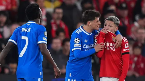 Gianluca Prestianni of Benfica speaks towards Vinicius Junior of Real Madrid during the UEFA Champions League 2025/26 League Knockout Play-off First Leg match between SL Benfica and Real Madrid C.F. at Estadio do SL Benfica on February 17, 2026 in Lisbon, Portugal. (Photo by Angel Martinez/Getty Images)