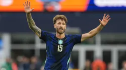 FOXBOROUGH, MASSACHUSETTS - MARCH 26: Leo Pereira of Brazil gestures during the international friendly match between Brazil and France at Gillette Stadium on March 26, 2026 in Foxborough, Massachusetts. (Photo by Michael Owens/Getty Images)