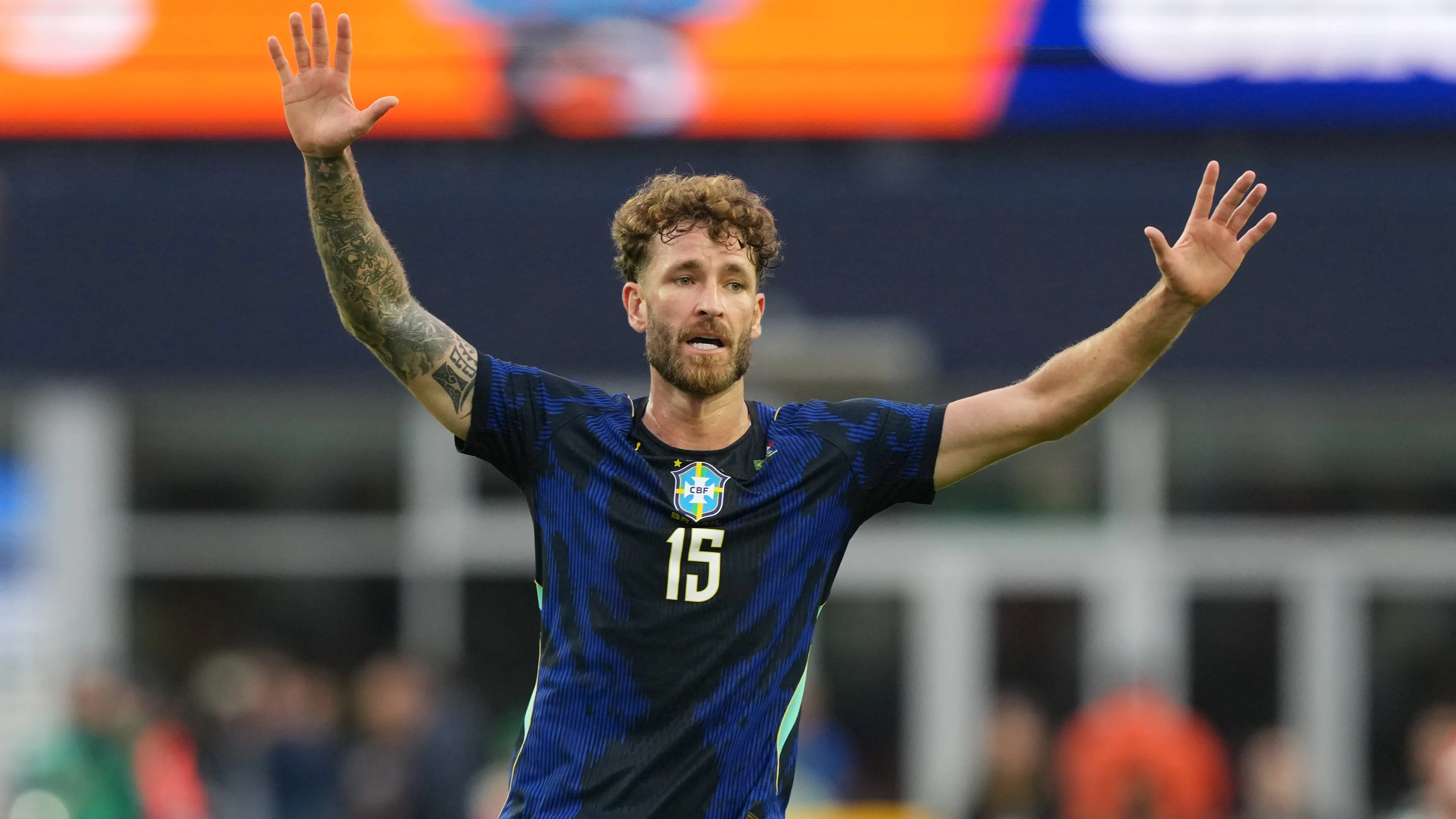 FOXBOROUGH, MASSACHUSETTS – MARCH 26: Leo Pereira of Brazil gestures during the international friendly match between Brazil and France at Gillette Stadium on March 26, 2026 in Foxborough, Massachusetts.  (Photo by Michael Owens/Getty Images)