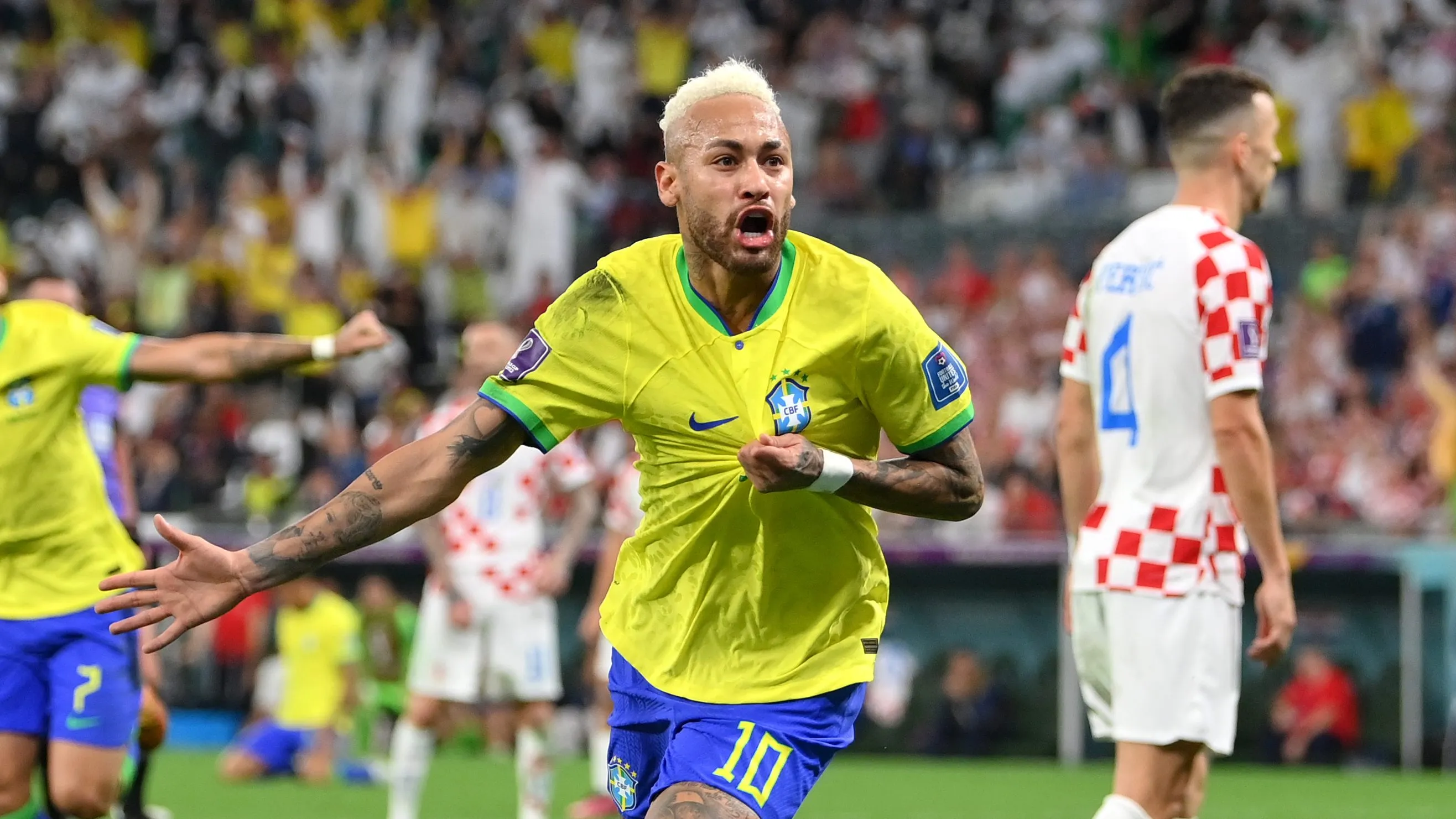 Neymar comemorando gol contra a Croácia em 2022 pela Seleção Brasileira. (Photo by Justin Setterfield/Getty Images)