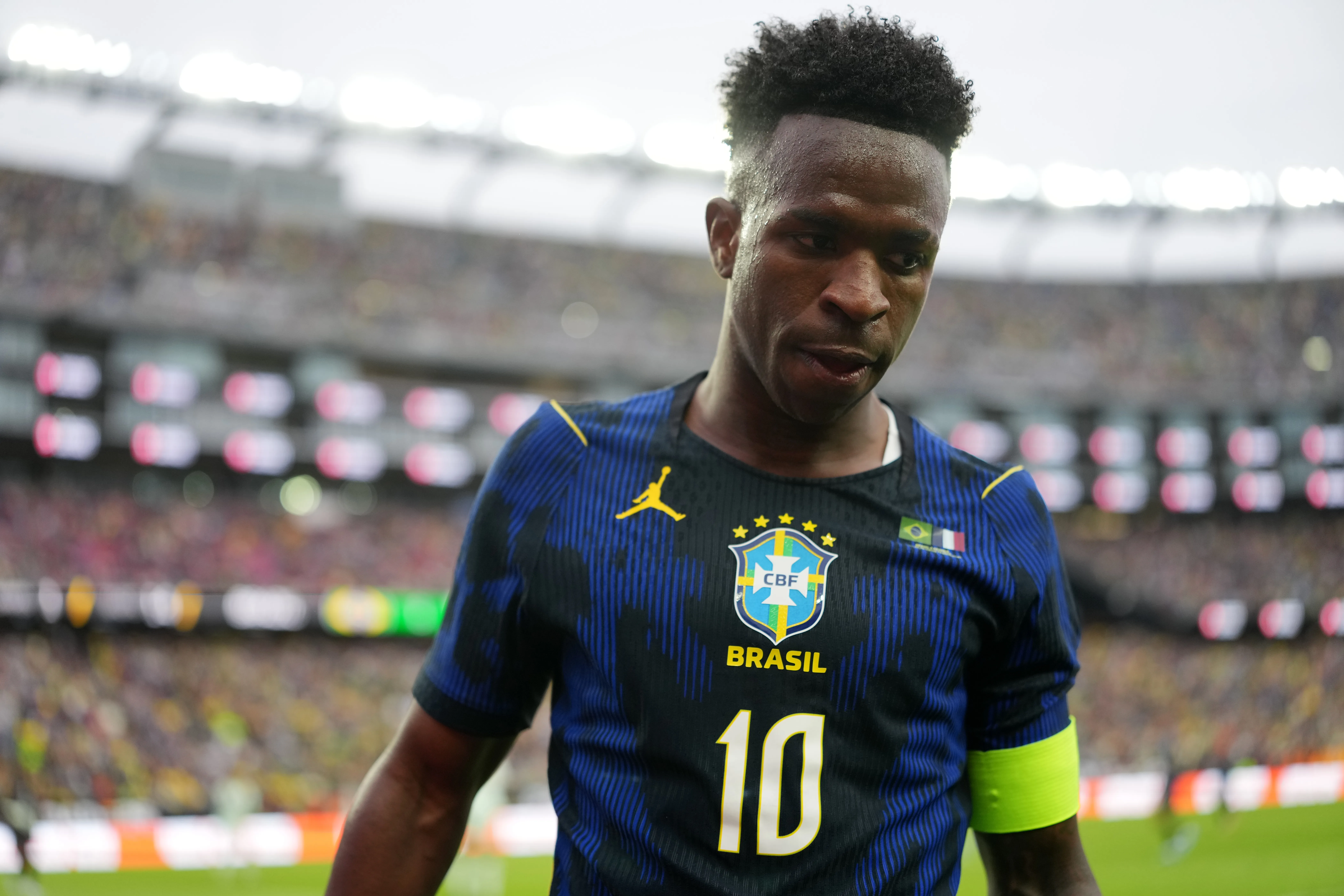 Vinicius Junior of Brazil reacts during the international friendly match between Brazil and France at Gillette Stadium on March 26, 2026 in Foxborough, Massachusetts. (Photo by Michael Owens/Getty Images)