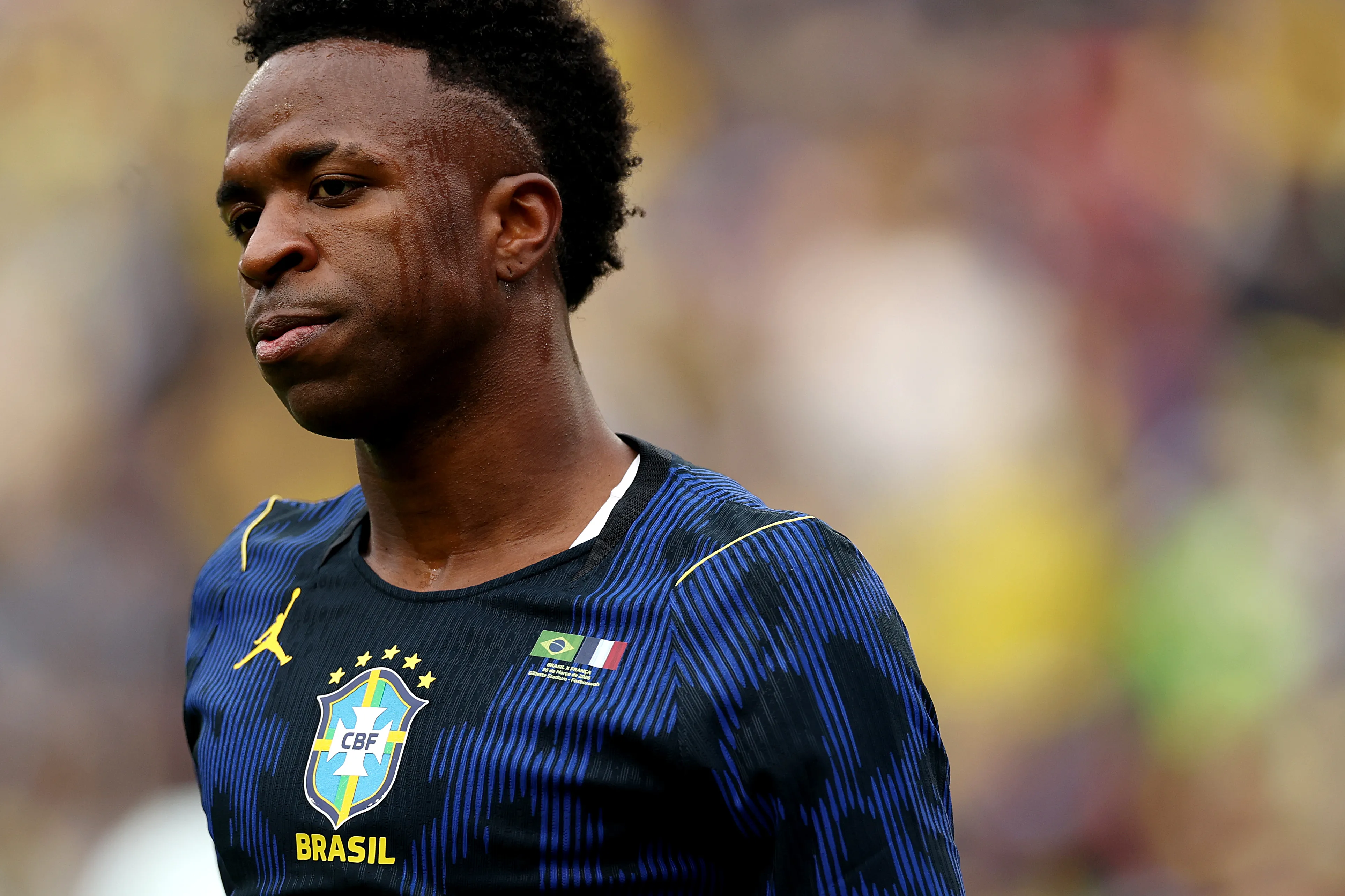 FOXBOROUGH, MASSACHUSETTS – MARCH 26: Vinícius Júnior #10 of Brazil looks on during the international friendly match between Brazil and France at Gillette Stadium on March 26, 2026 in Foxborough, Massachusetts. (Photo by Maddie Meyer/Getty Images)