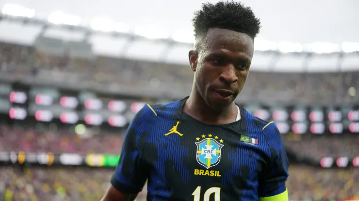 FOXBOROUGH, MASSACHUSETTS - MARCH 26: Vinicius Junior of Brazil reacts during the international friendly match between Brazil and France at Gillette Stadium on March 26, 2026 in Foxborough, Massachusetts. (Photo by Michael Owens/Getty Images)