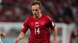 Mikkel Damsgaard, da Dinamarca, em ação durante a partida do Grupo D da Copa do Mundo entre Dinamarca e Tunísia Contributor:Associated Press
