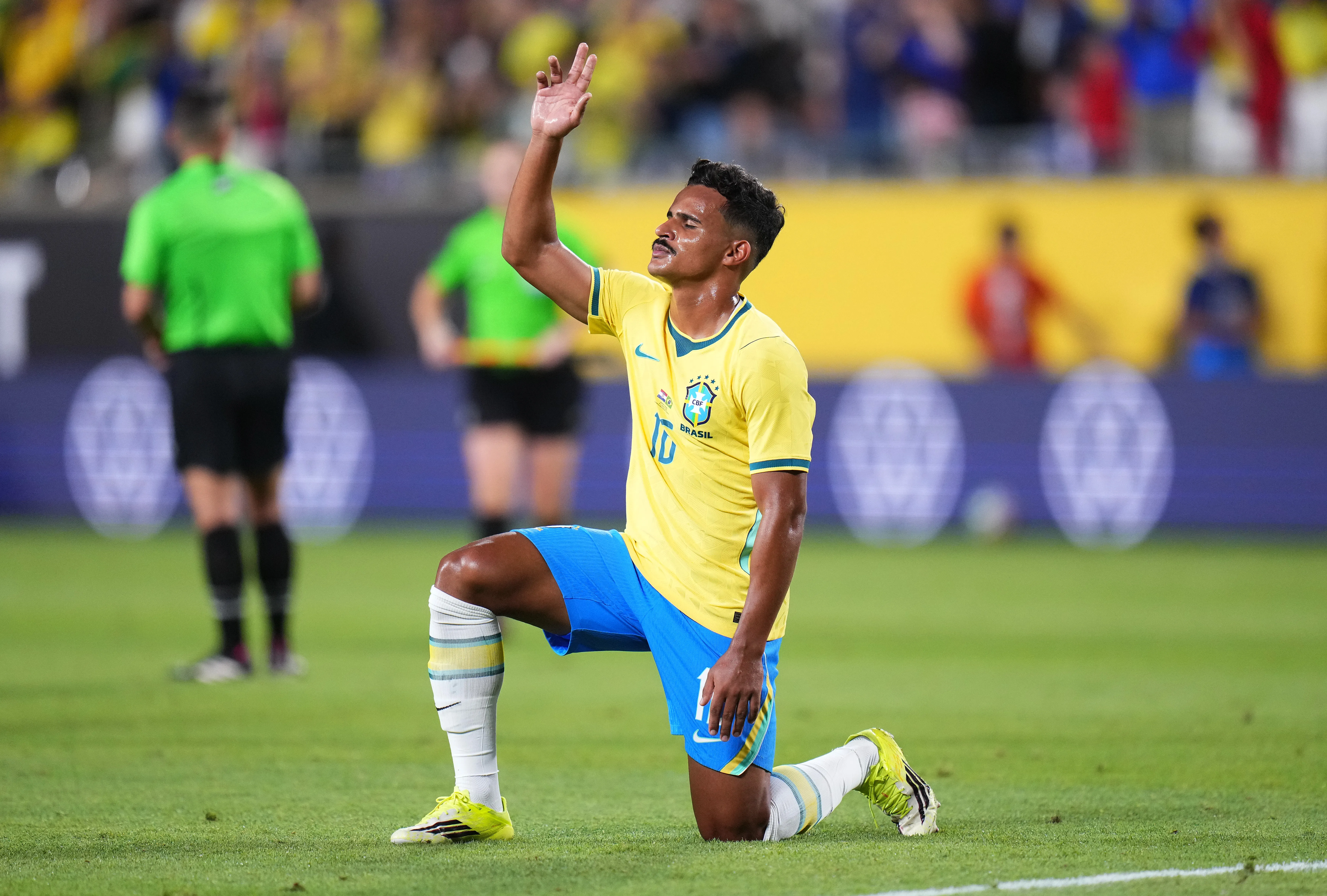 Kaiki Bruno of Brazil reacts after the international friendly match between Brazil and Croatia at Camping World Stadium on March 31, 2026 in Orlando, Florida. (Photo by Rich Storry/Getty Images)