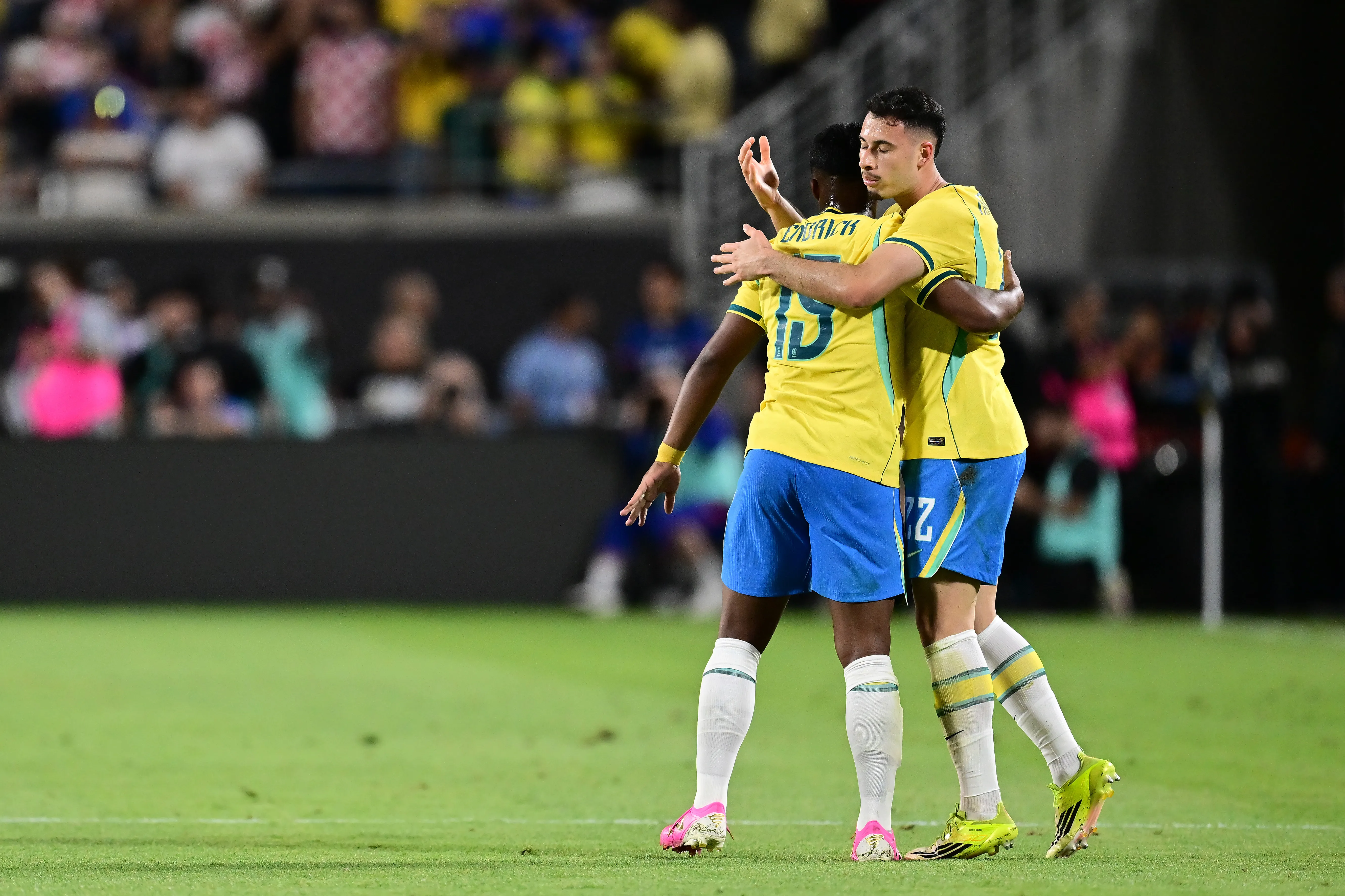 ORLANDO, FLORIDA – MARCH 31: Gabriel Martinelli of Brazil celebrates with teammate Endrick of Brazil after scoring his team’s third goal during the international friendly match between Brazil and Croatia at Camping World Stadium on March 31, 2026 in Orlando, Florida. (Photo by Julio Aguilar/Getty Images)