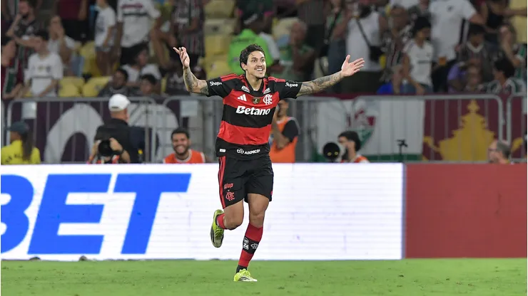 Pedro jogador do Flamengo comemora seu gol durante partida contra o Fluminense. Foto: Thiago Ribeiro/AGIF